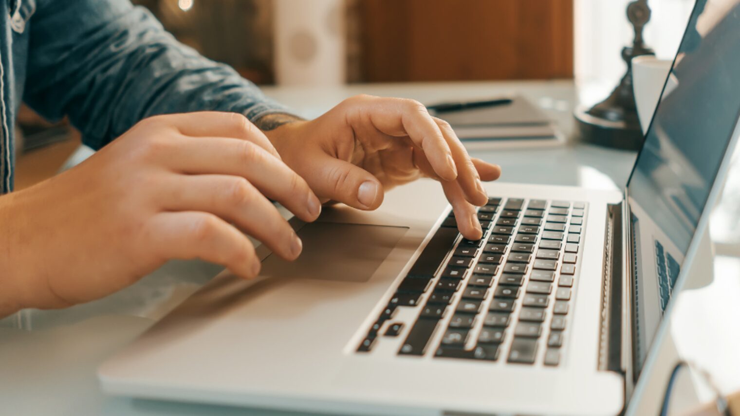Close-up of male hands with laptop.