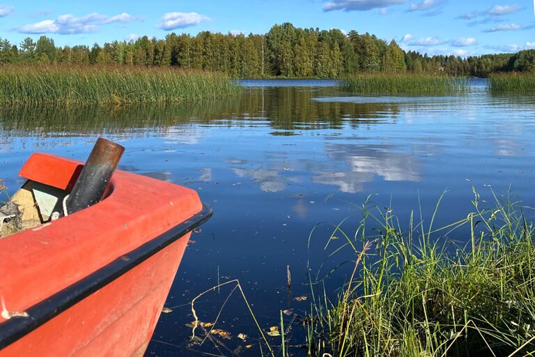 Rotes Holzboot auf finnischem See mit Wald im Hintergrund.