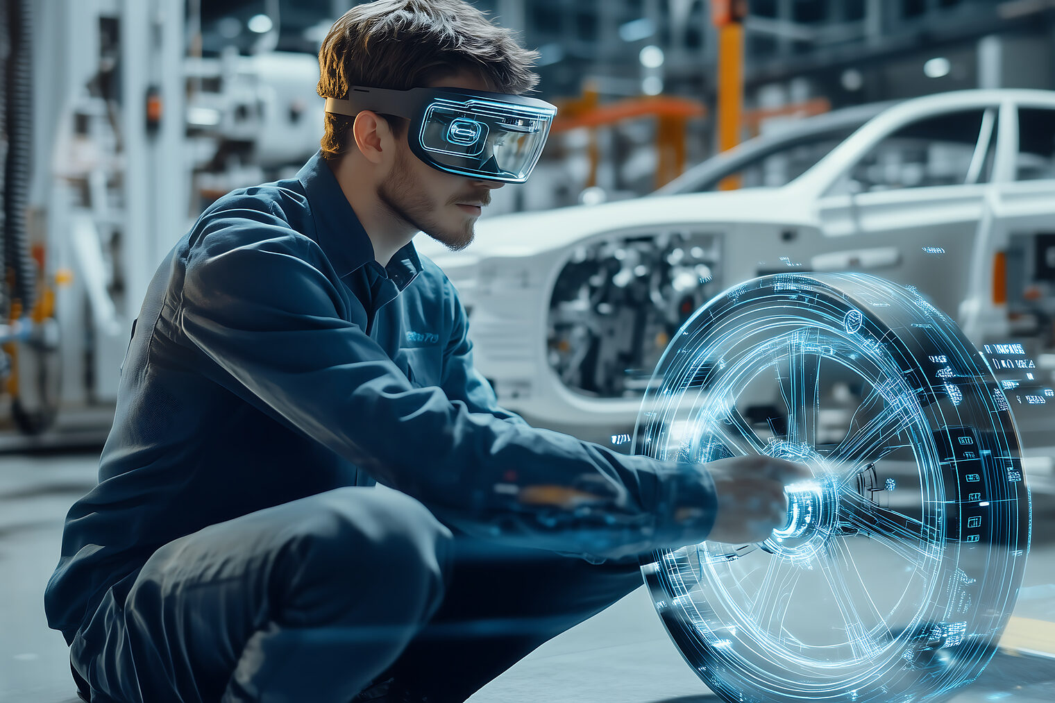 Mann mit KI-Anwendung in Autowerkstatt