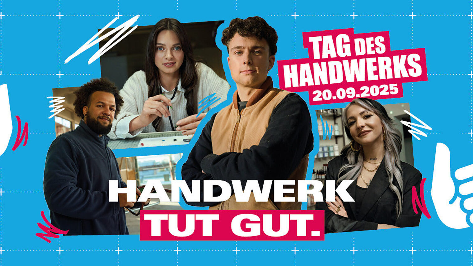 Banner zum Tag des Handwerks 2025 mit vier jungen Handwerker:innen und dem Slogan „Handwerk tut gut.“
