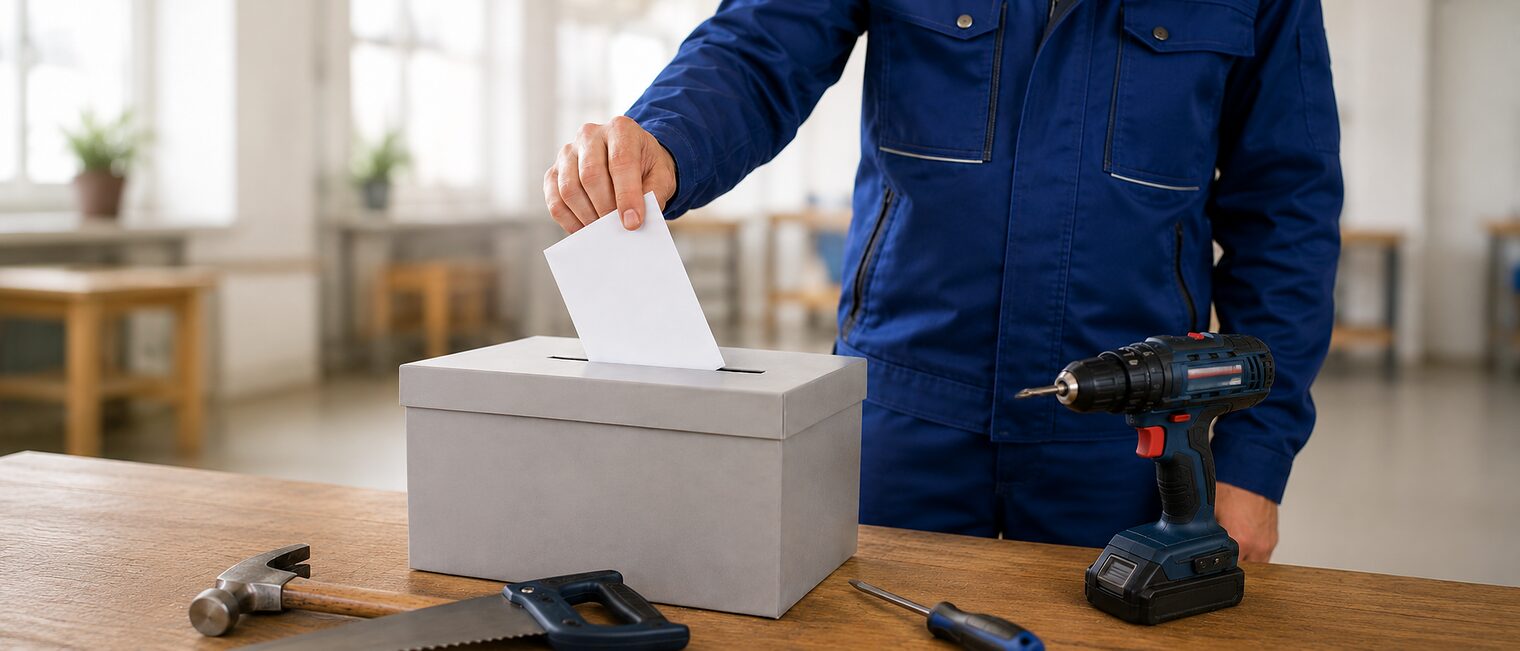 Handwerker wirft seinen Stimmzettel für die Kommunalwahl in eine Wahlurne.