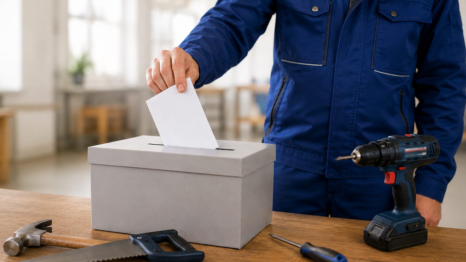 Handwerker wirft seinen Stimmzettel für die Kommunalwahl in eine Wahlurne.